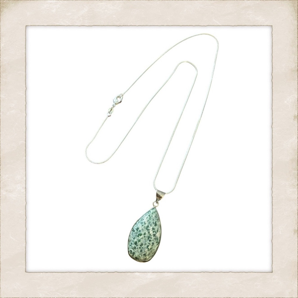 Boho Green Tree Agate Teardrop Pendant on a Dainty Silver Chain, Approx 26” Long